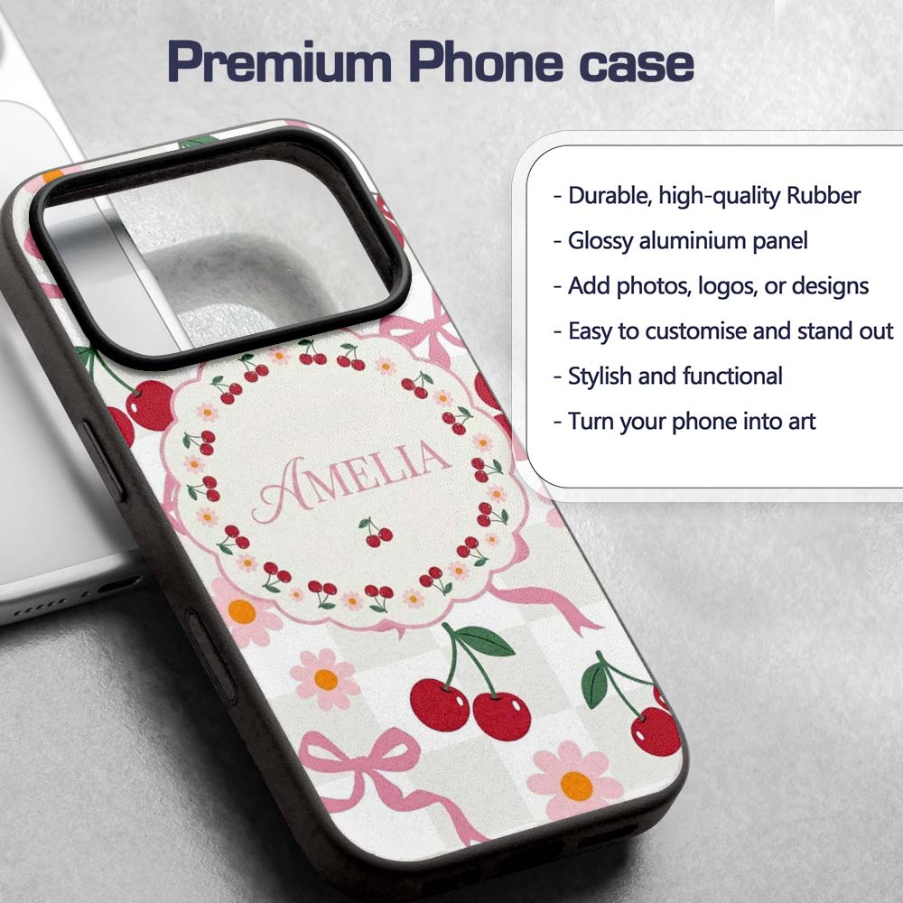 Cute Cherry Bow and Daisy Grey Gingham Seamless Custom Name Protective Phone Case Mobile Cover Durable Everyday Smartphone Shock Resistant