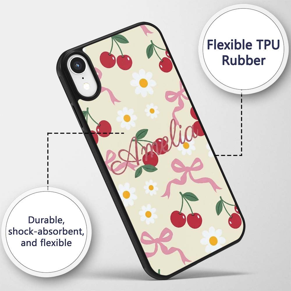 Cute Cherry Bow and Daisy Seamless Pattern on Custom Name Protective Phone Case Mobile Cover Durable Everyday Smartphone Shock Resistant