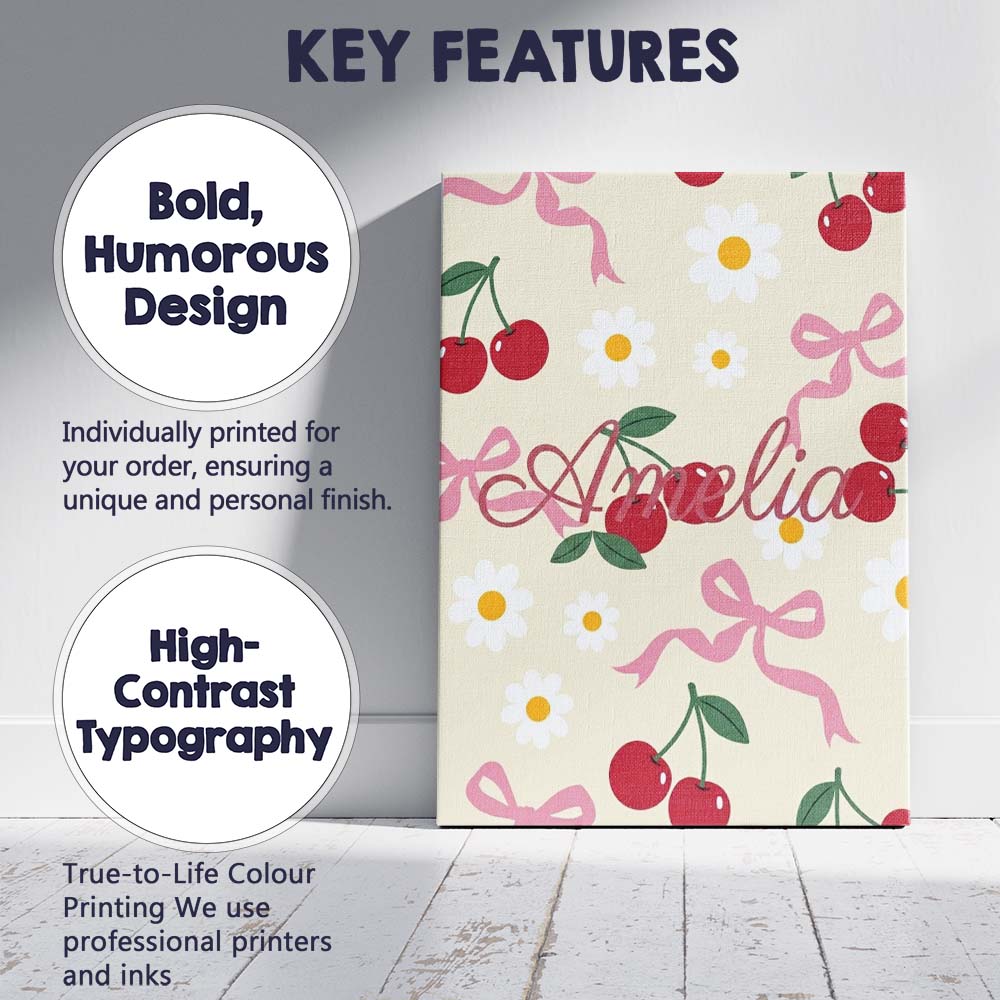 Personalised Name Cute Cherry Bow and Daisy Custom Bespoke Interior Contemporary Canvas Wall Art Print Decor Picture Ready to Hang