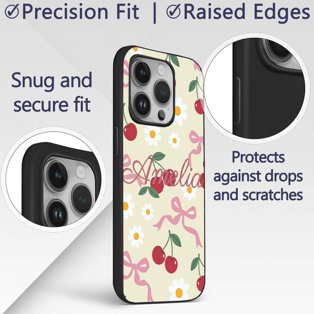 Cute Cherry Bow and Daisy Seamless Pattern on Custom Name Protective Phone Case Mobile Cover Durable Everyday Smartphone Shock Resistant