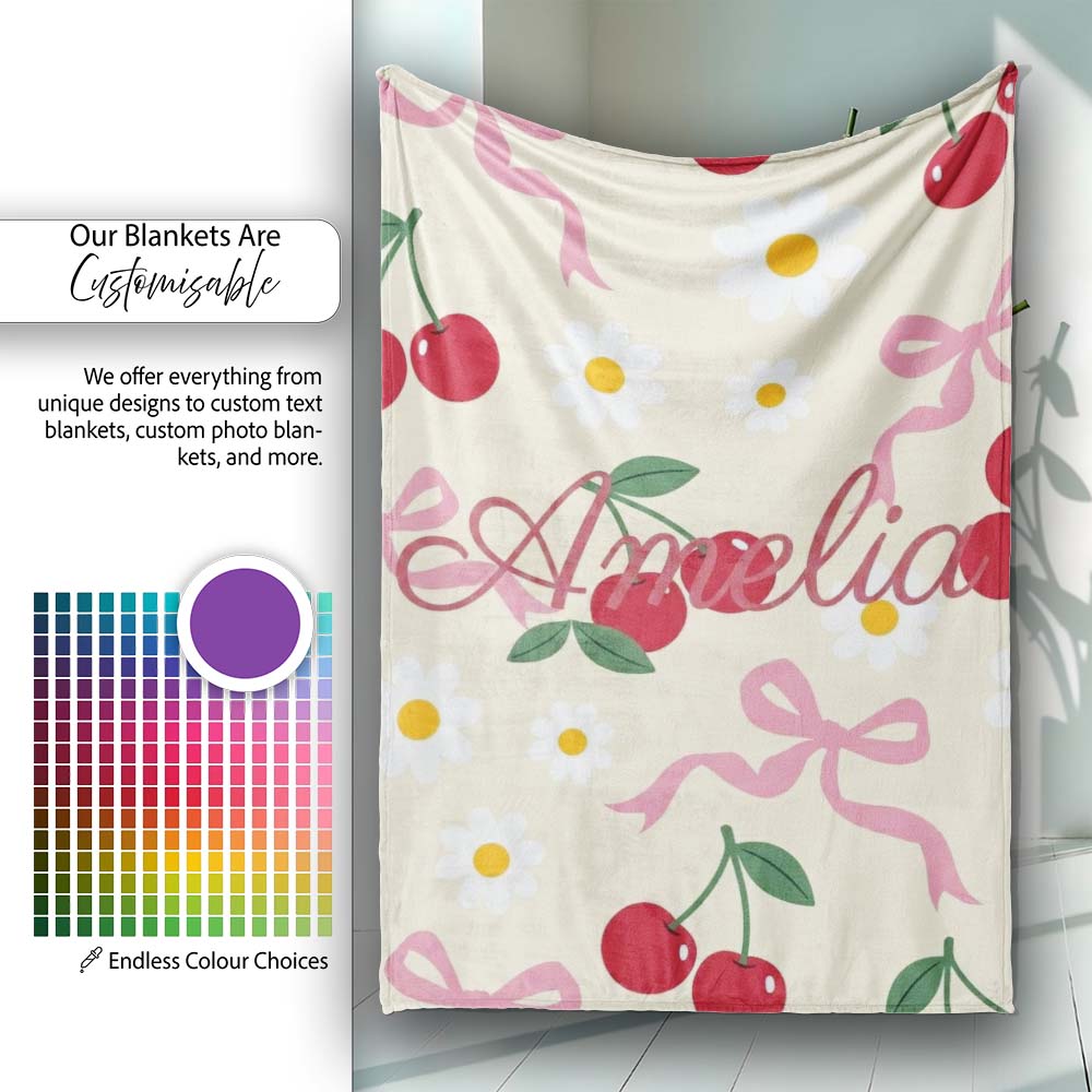 Cute Cherry Bow and Daisy Seamless Pattern on Cream Cute Unique Gift Personalised Custom Name Super Soft Fleece Blanket Bed Sofa Throw