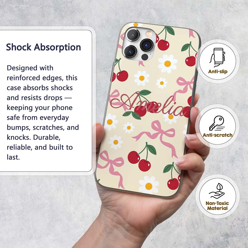 Cute Cherry Bow and Daisy Seamless Pattern on Custom Name Protective Phone Case Mobile Cover Durable Everyday Smartphone Shock Resistant