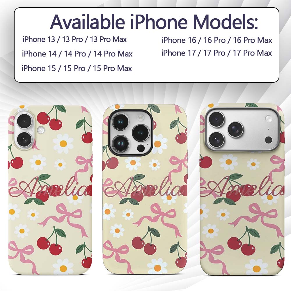 Cute Cherry Bow and Daisy Seamless Pattern on Custom Name Protective Phone Case Mobile Cover Durable Everyday Smartphone Shock Resistant