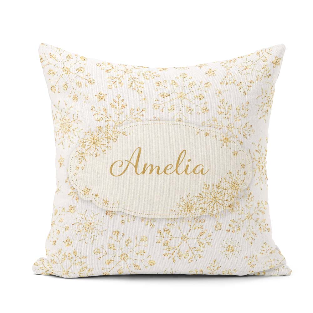 Custom Name Gold Snowflake Pattern White Background Seamless Square Filled Cushion Throw Pillow Sofa Bed Home Decor Zip Washable UK Made