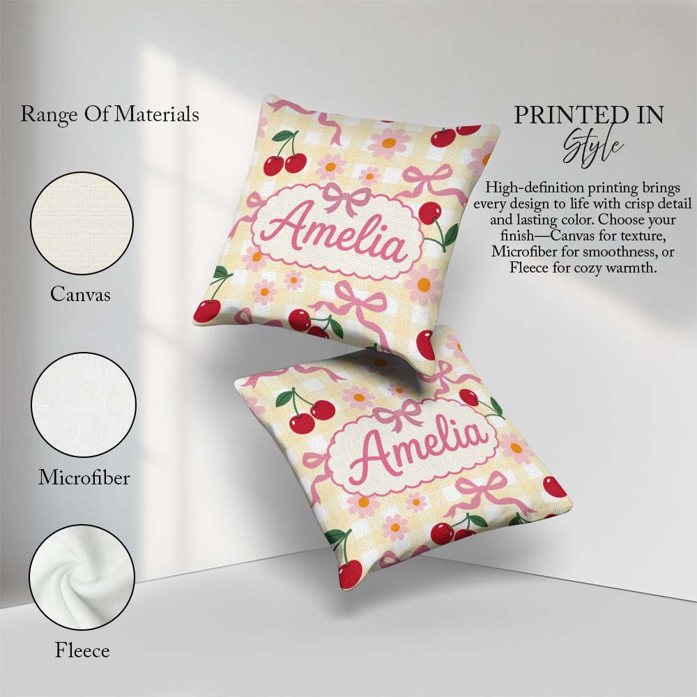 Custom Name Cherry Bow and Daisy Yellow Gingham Seamless Pattern Square Filled Cushion Throw Pillow Sofa Bed Home Decor Zip Washable UK Made