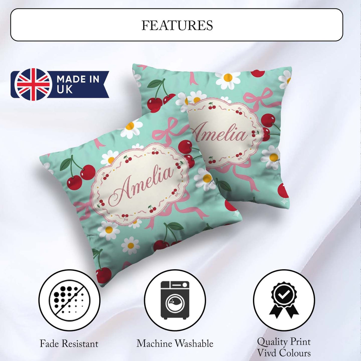 Custom Name Cute Cherry Bow and Daisy Seamless Pattern on Teal Square Filled Cushion Throw Pillow Sofa Bed Home Decor Zip Washable UK Made