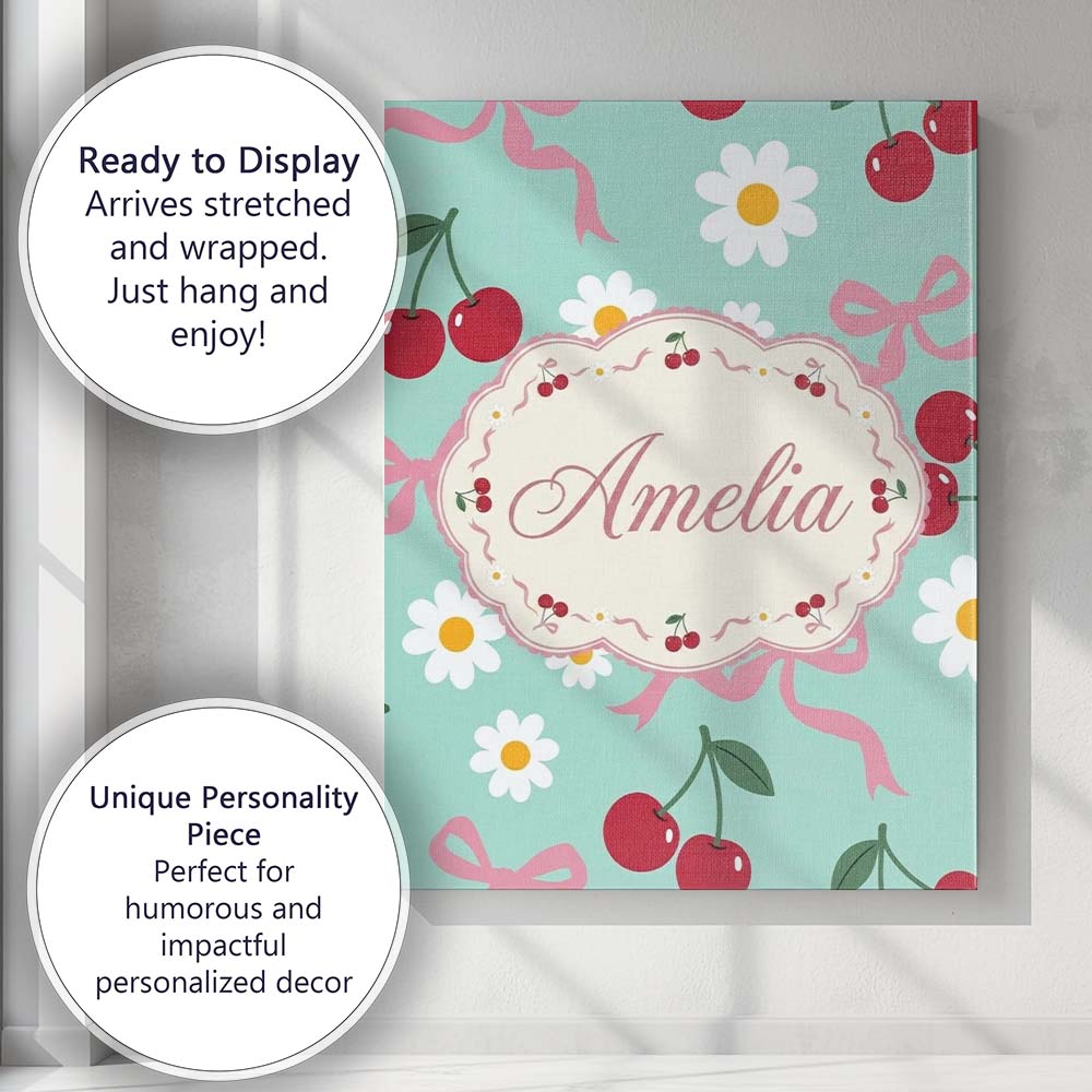Personalised Name Cute Cherry Bow and Daisy Custom Bespoke Interior Contemporary Canvas Wall Art Print Decor Picture Ready to Hang