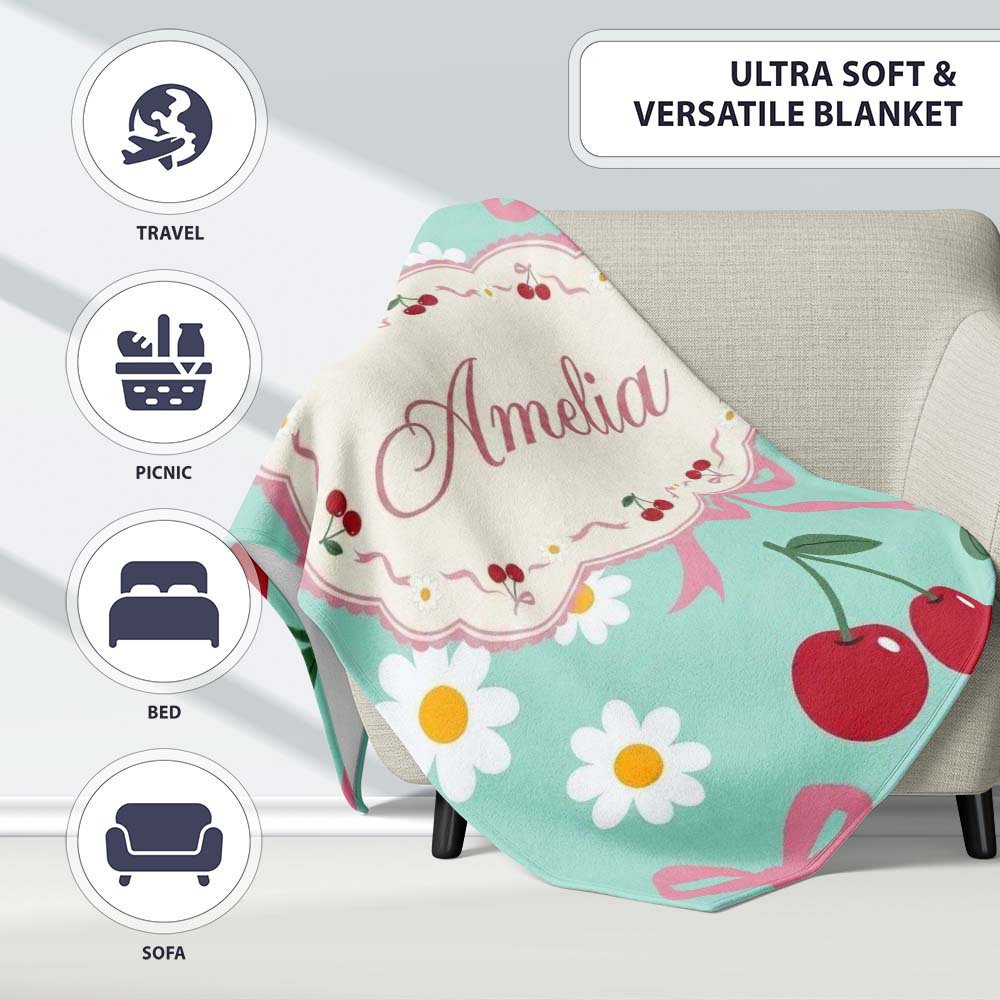Cute Cherry Bow and Daisy Seamless Pattern on Teal Cute Unique Gift Personalised Custom Name Super Soft Fleece Blanket Bed Sofa Throw