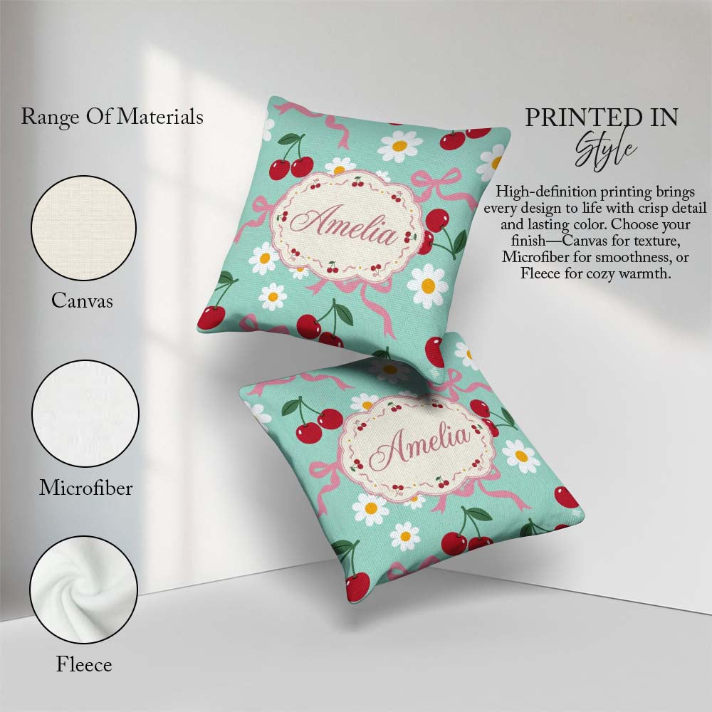 Custom Name Cute Cherry Bow and Daisy Seamless Pattern on Teal Square Filled Cushion Throw Pillow Sofa Bed Home Decor Zip Washable UK Made