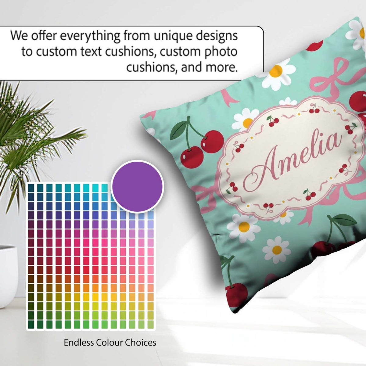 Custom Name Cute Cherry Bow and Daisy Seamless Pattern on Teal Square Filled Cushion Throw Pillow Sofa Bed Home Decor Zip Washable UK Made