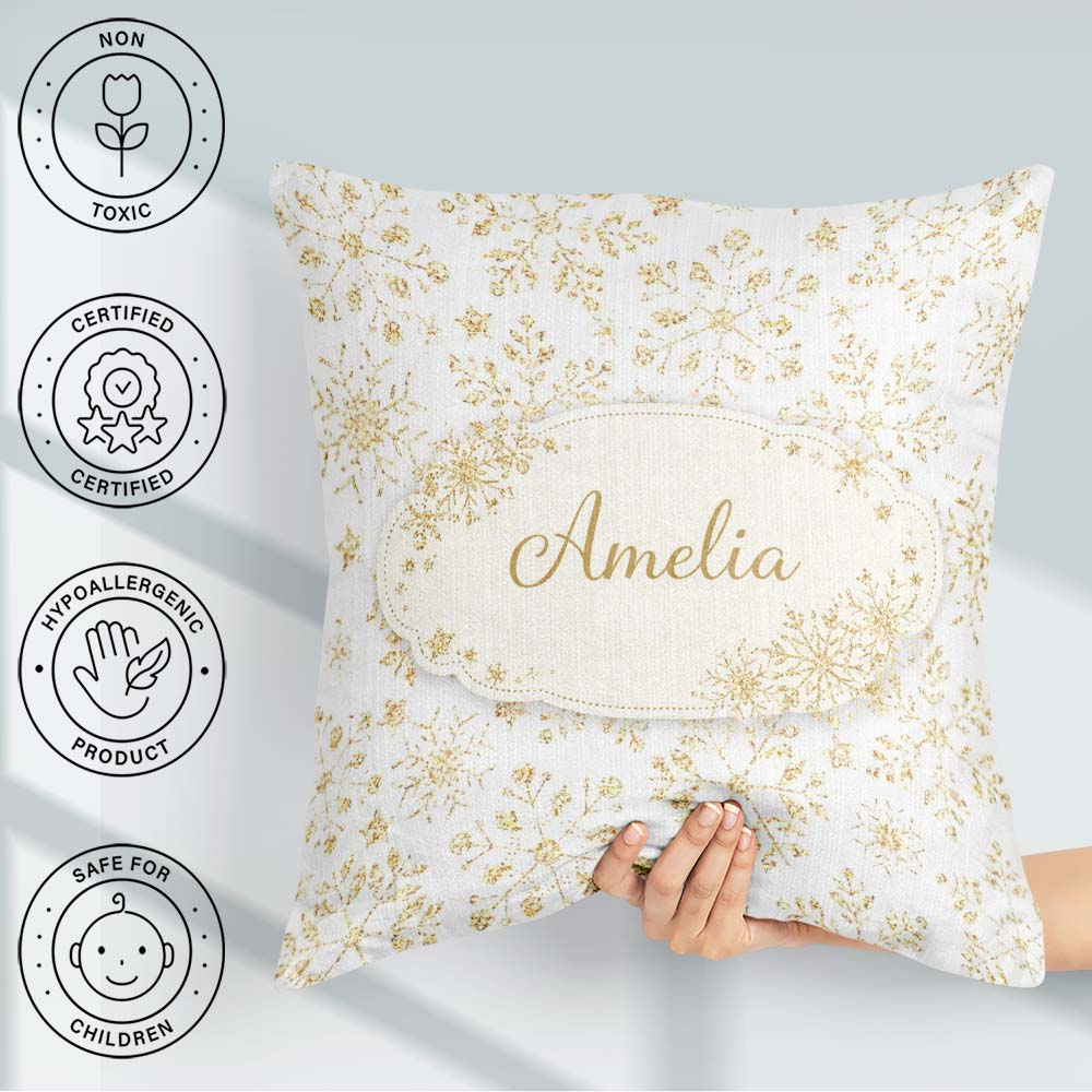 Custom Name Gold Snowflake Pattern White Background Seamless Square Filled Cushion Throw Pillow Sofa Bed Home Decor Zip Washable UK Made