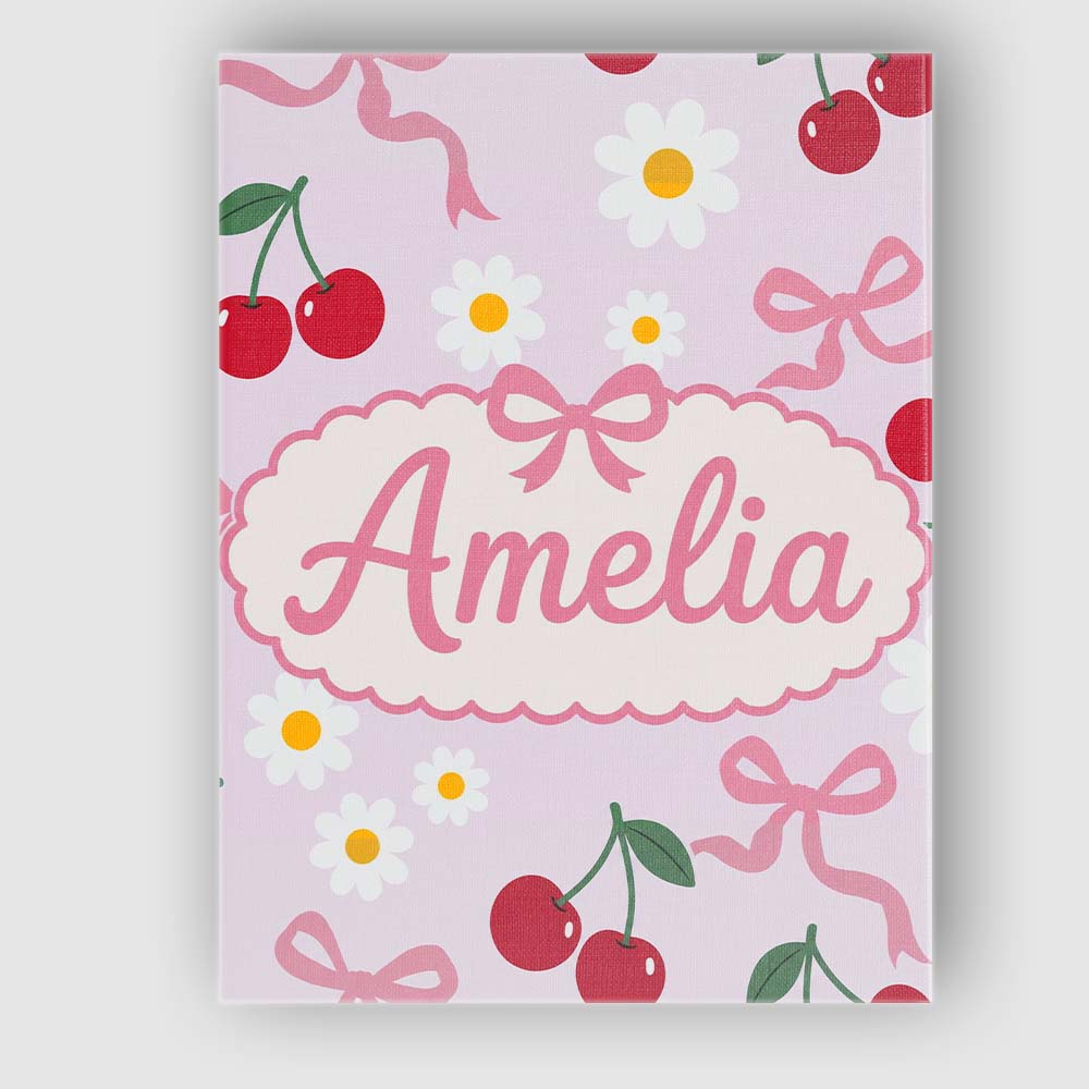 Personalised Name Cute Cherry Bow and Daisy Custom Bespoke Interior Contemporary Canvas Wall Art Print Decor Picture Ready to Hang