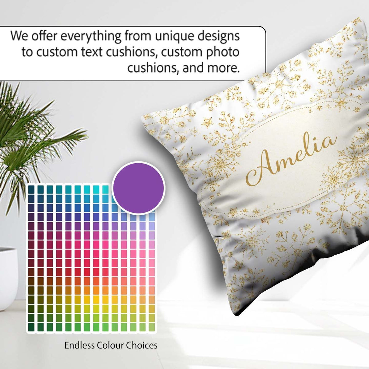 Custom Name Gold Snowflake Pattern White Background Seamless Square Filled Cushion Throw Pillow Sofa Bed Home Decor Zip Washable UK Made