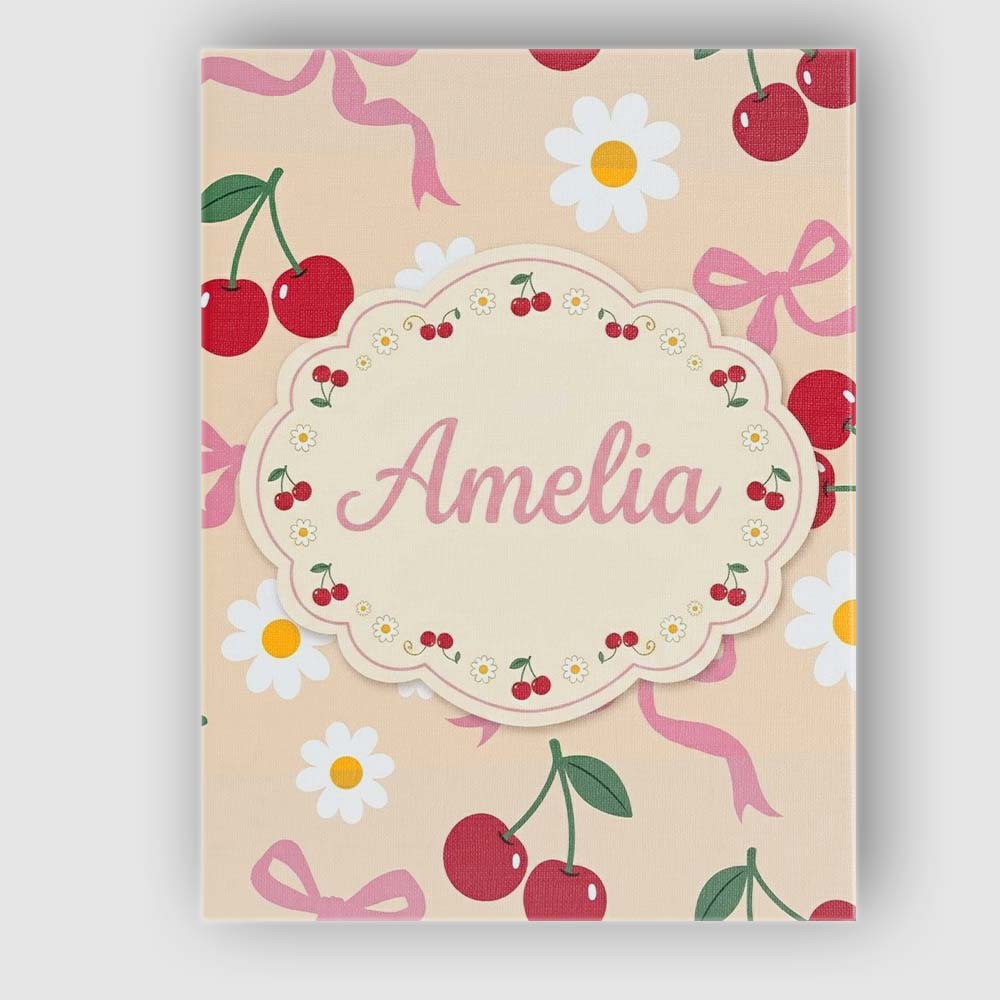 Personalised Name Cute Cherry Bow and Daisy Custom Bespoke Interior Contemporary Canvas Wall Art Print Decor Picture Ready to Hang