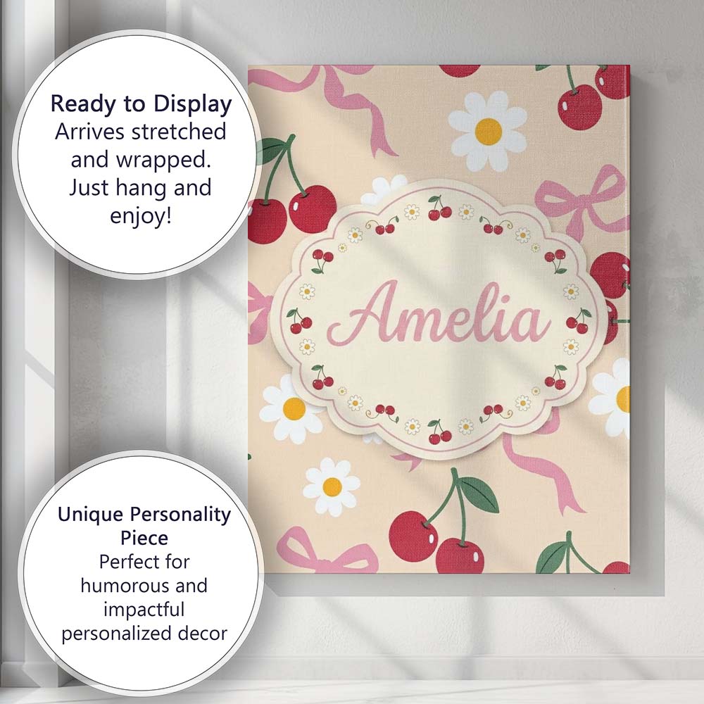 Personalised Name Cute Cherry Bow and Daisy Custom Bespoke Interior Contemporary Canvas Wall Art Print Decor Picture Ready to Hang