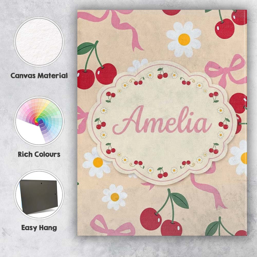 Personalised Name Cute Cherry Bow and Daisy Custom Bespoke Interior Contemporary Canvas Wall Art Print Decor Picture Ready to Hang