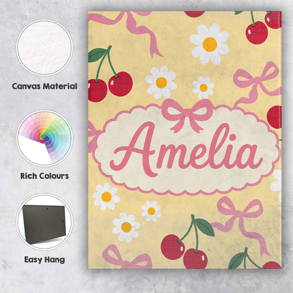 Personalised Name Cute Cherry Bow and Daisy Custom Bespoke Interior Contemporary Canvas Wall Art Print Decor Picture Ready to Hang
