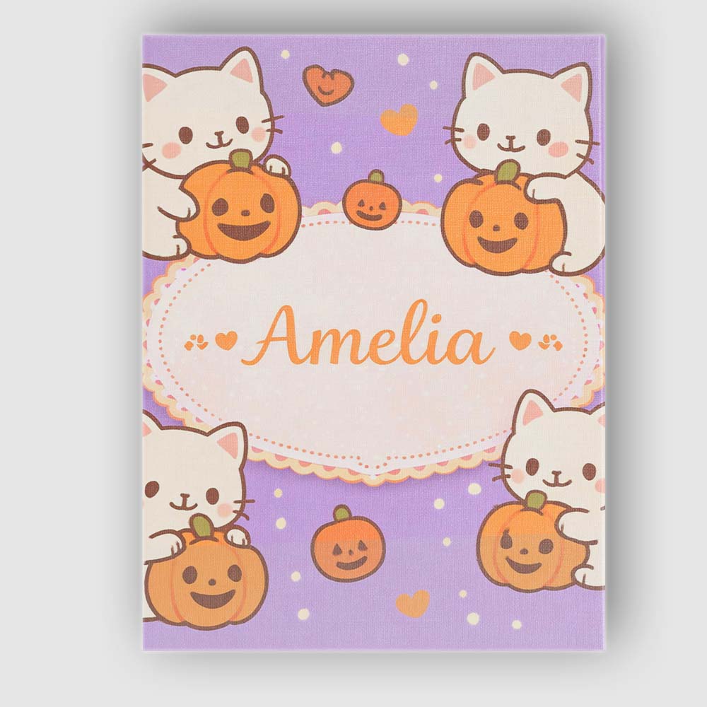 Personalised Name Cute Halloween Cat Pumpkin Cartoon Animal Pattern Custom Canvas Wall Art Print Decor Picture Ready to Hang