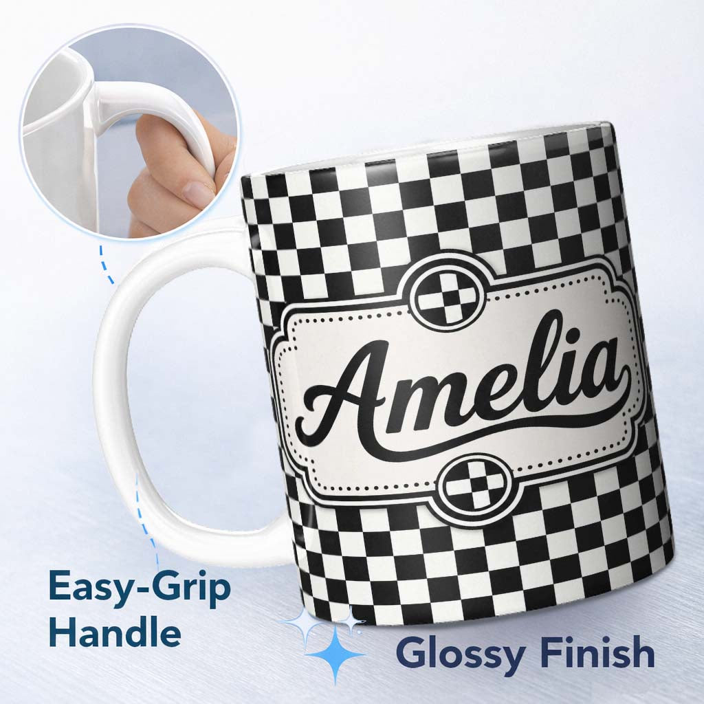 Personalized Custom Name Classic Black White Checkerboard Seamless Pattern Cute Unique Gift 11oz Ceramic Coffee Tea Mug White Large Handle