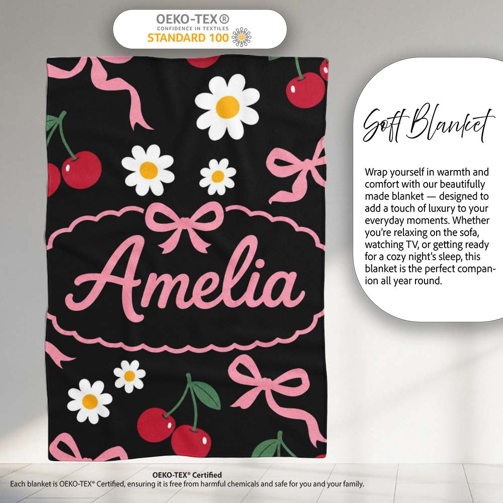 Cute Cherry Bow and Daisy Seamless Pattern on White Grey Lovely Personalised Custom Name Super Soft Fleece Blanket Bed Sofa Throw