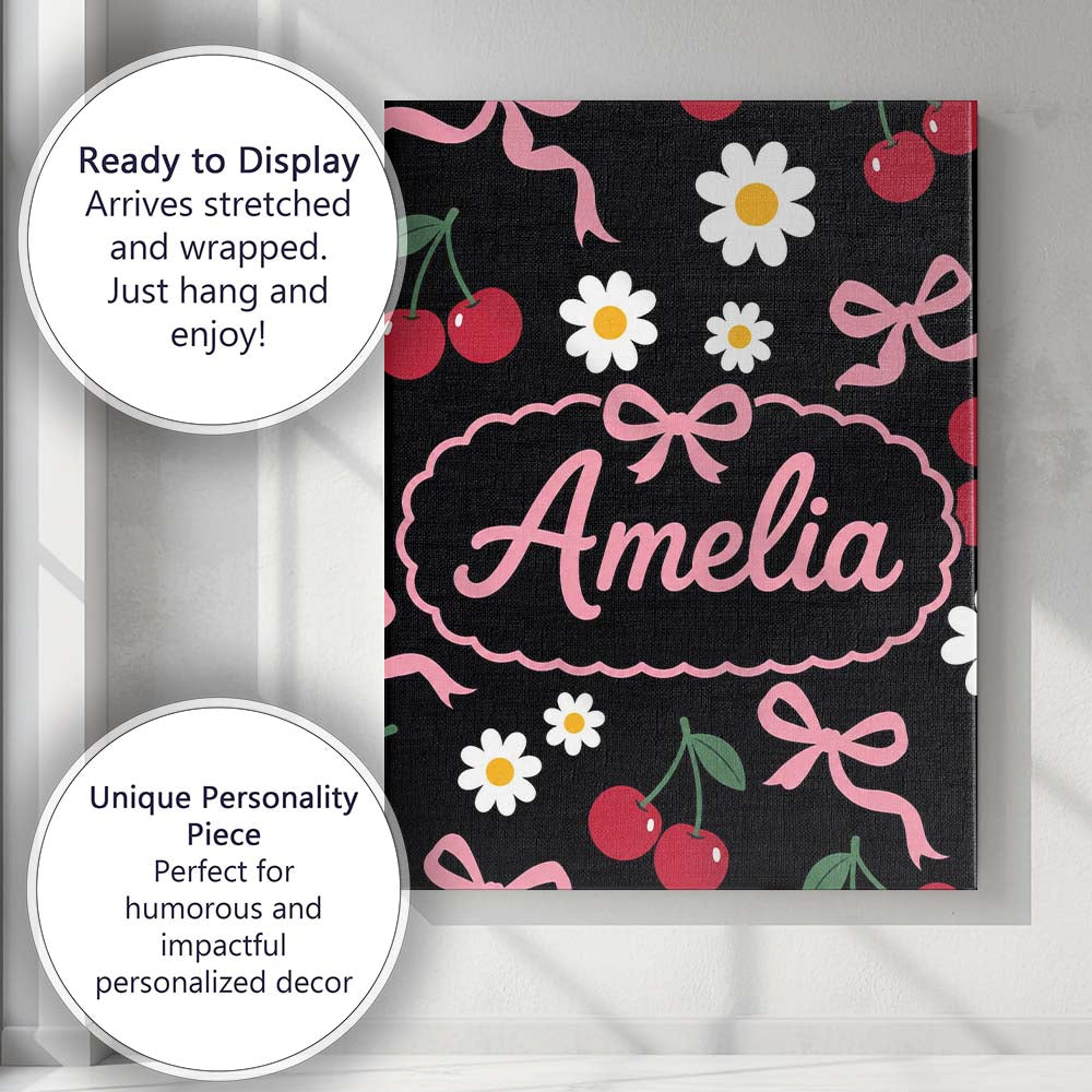 Personalised Name Cute Cherry Bow and Daisy Custom Bespoke Interior Contemporary Canvas Wall Art Print Decor Picture Ready to Hang