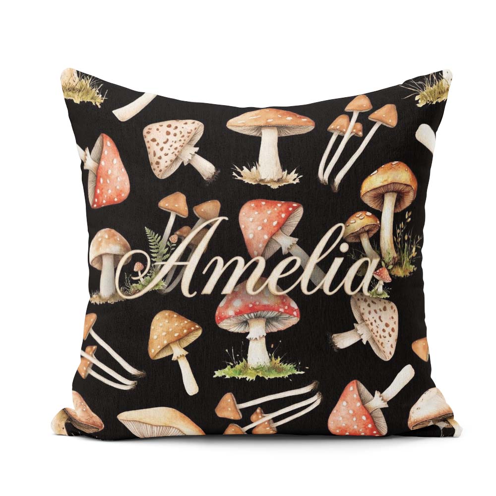 Custom Name Watercolor Woodland Mushroom Seamless Pattern Lovely Square Filled Cushion Throw Pillow Sofa Bed Home Decor Zip Washable UK Made
