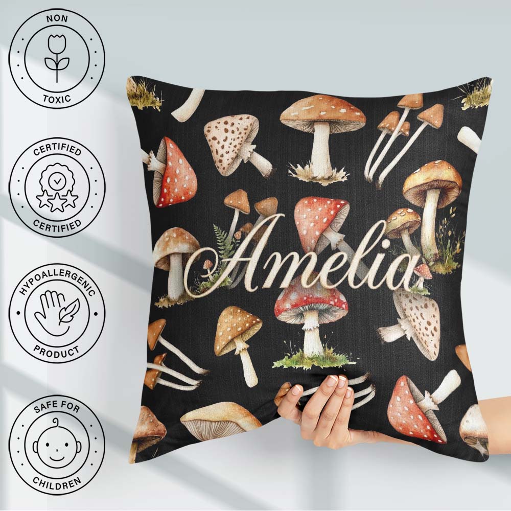 Custom Name Watercolor Woodland Mushroom Seamless Pattern Lovely Square Filled Cushion Throw Pillow Sofa Bed Home Decor Zip Washable UK Made