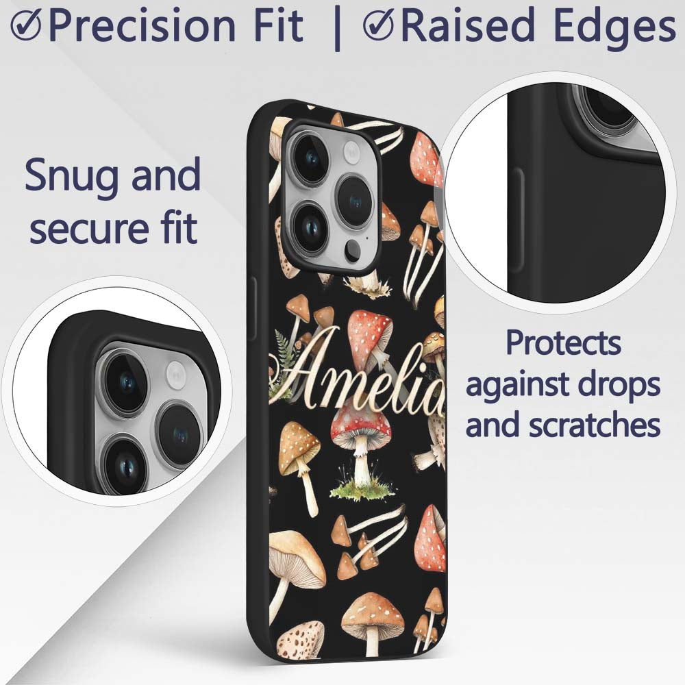 Watercolor Woodland Mushroom Botanical Seamless Custom Name Protective Phone Case Mobile Cover Durable Everyday Smartphone Shock Resistant