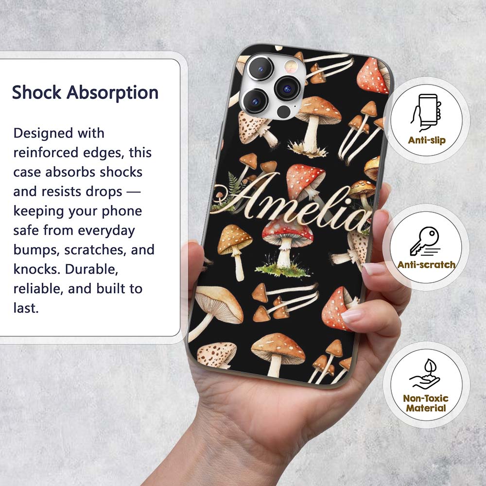 Watercolor Woodland Mushroom Botanical Seamless Custom Name Protective Phone Case Mobile Cover Durable Everyday Smartphone Shock Resistant