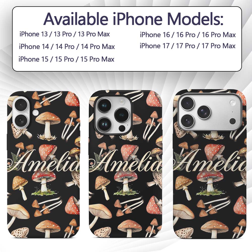 Watercolor Woodland Mushroom Botanical Seamless Custom Name Protective Phone Case Mobile Cover Durable Everyday Smartphone Shock Resistant