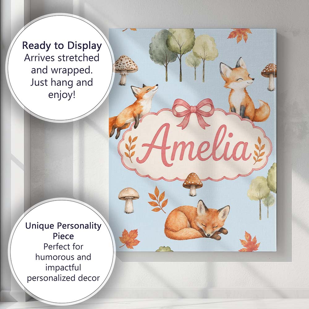 Personalised Name Watercolor Woodland Fox Custom Unique Gift Idea Elegant Feature Canvas Wall Art Print Decor Picture Ready to Hang