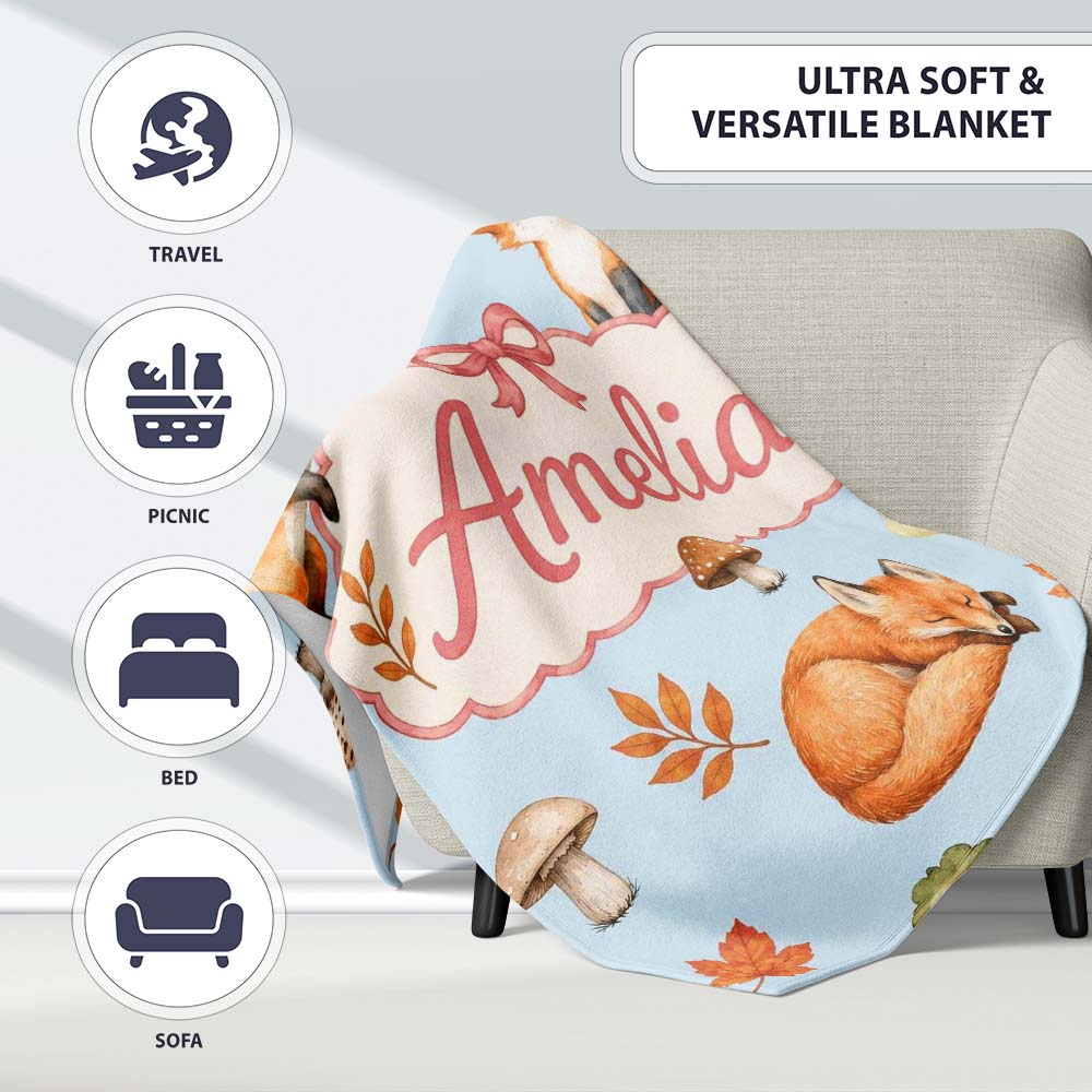 Watercolor Woodland Fox Mushroom Autumn Seamless Pattern on Blue Personalised Custom Name Super Soft Fleece Blanket Bed Sofa Throw