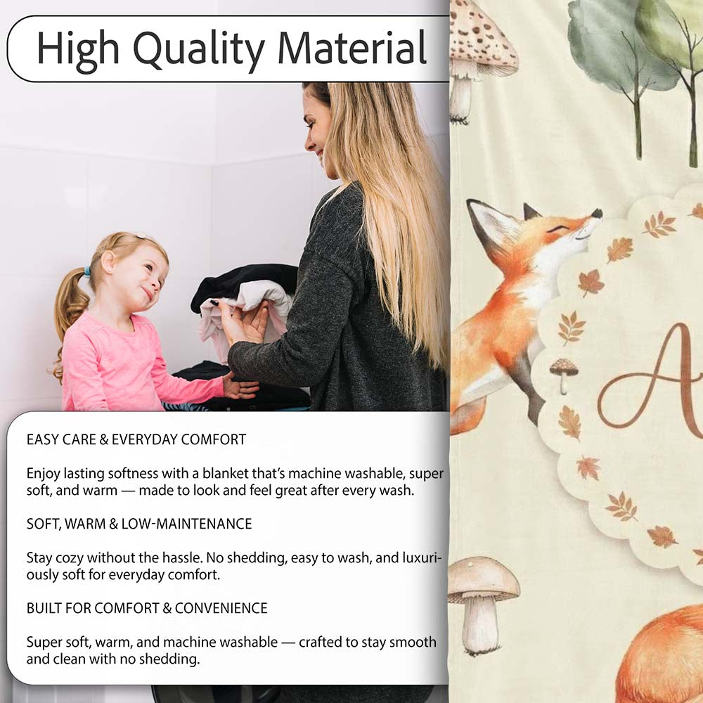 Watercolor Woodland Fox Mushroom Autumn Seamless Pattern on Beige Personalised Custom Name Super Soft Fleece Blanket Bed Sofa Throw