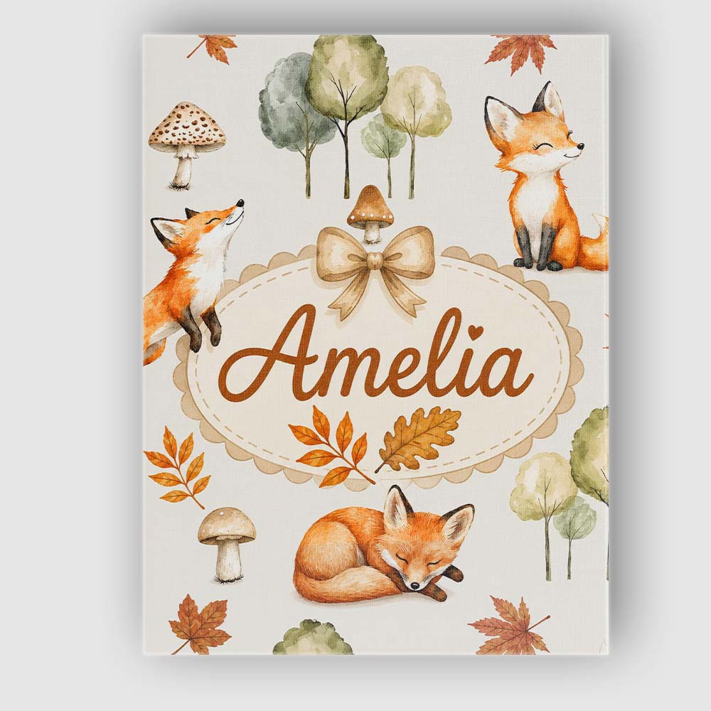 Personalised Name Watercolor Woodland Fox Custom Unique Gift Idea Elegant Feature Canvas Wall Art Print Decor Picture Ready to Hang