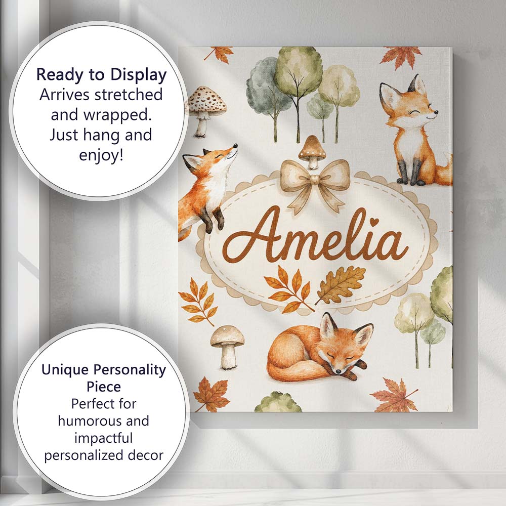 Personalised Name Watercolor Woodland Fox Custom Unique Gift Idea Elegant Feature Canvas Wall Art Print Decor Picture Ready to Hang