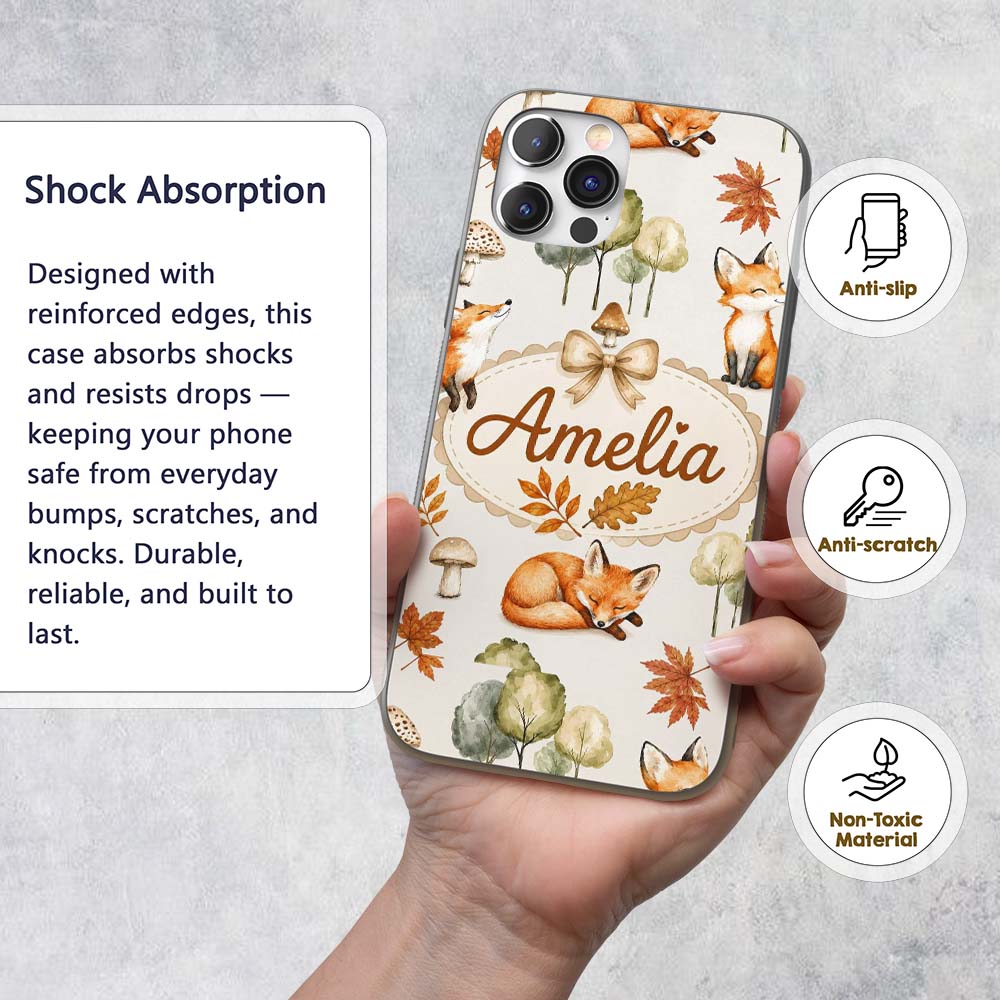 Watercolor Woodland Fox Mushroom Autumn on Light Custom Name Protective Phone Case Mobile Cover Durable Everyday Smartphone Shock Resistant