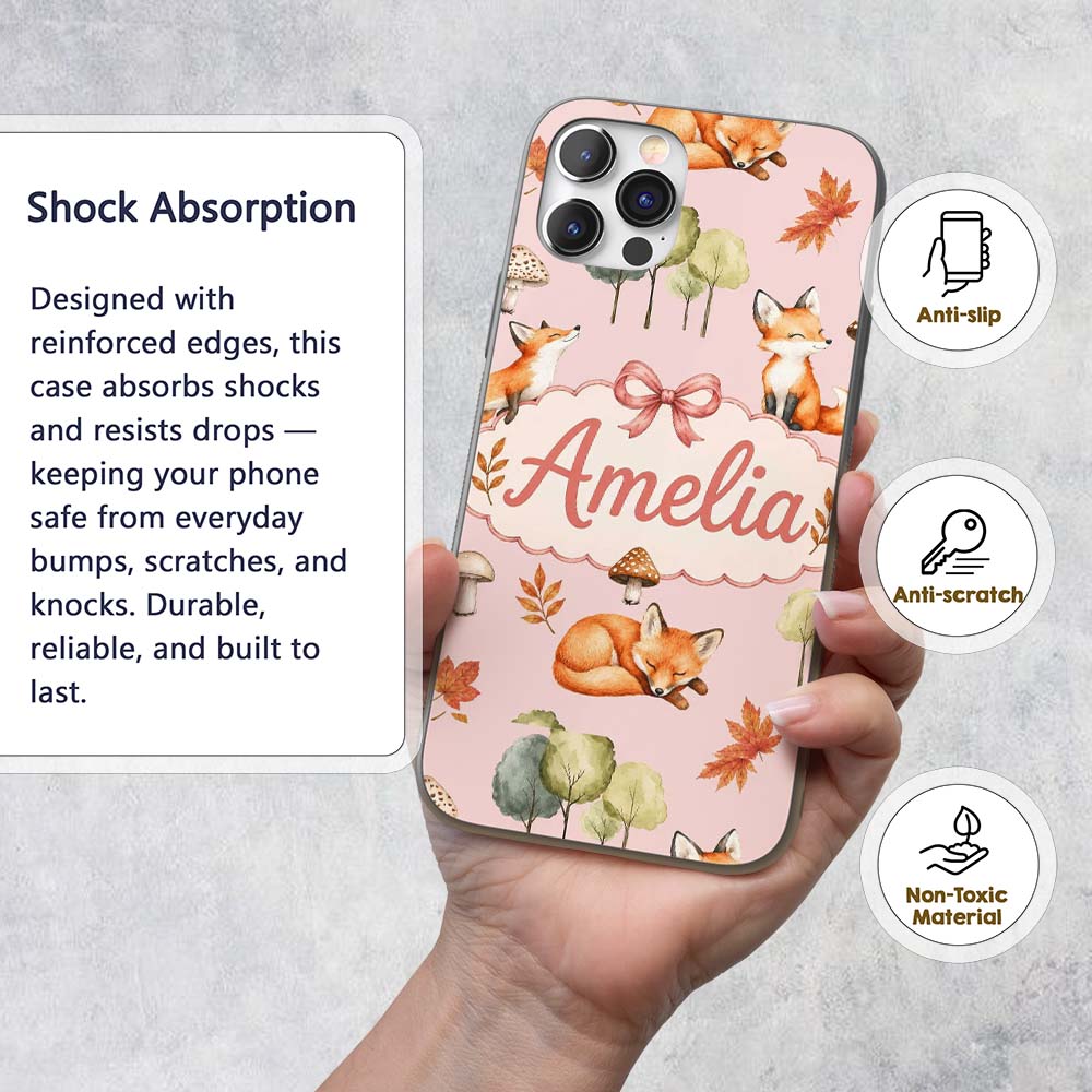 Watercolor Woodland Fox Mushroom Autumn on Blush Custom Name Protective Phone Case Mobile Cover Durable Everyday Smartphone Shock Resistant
