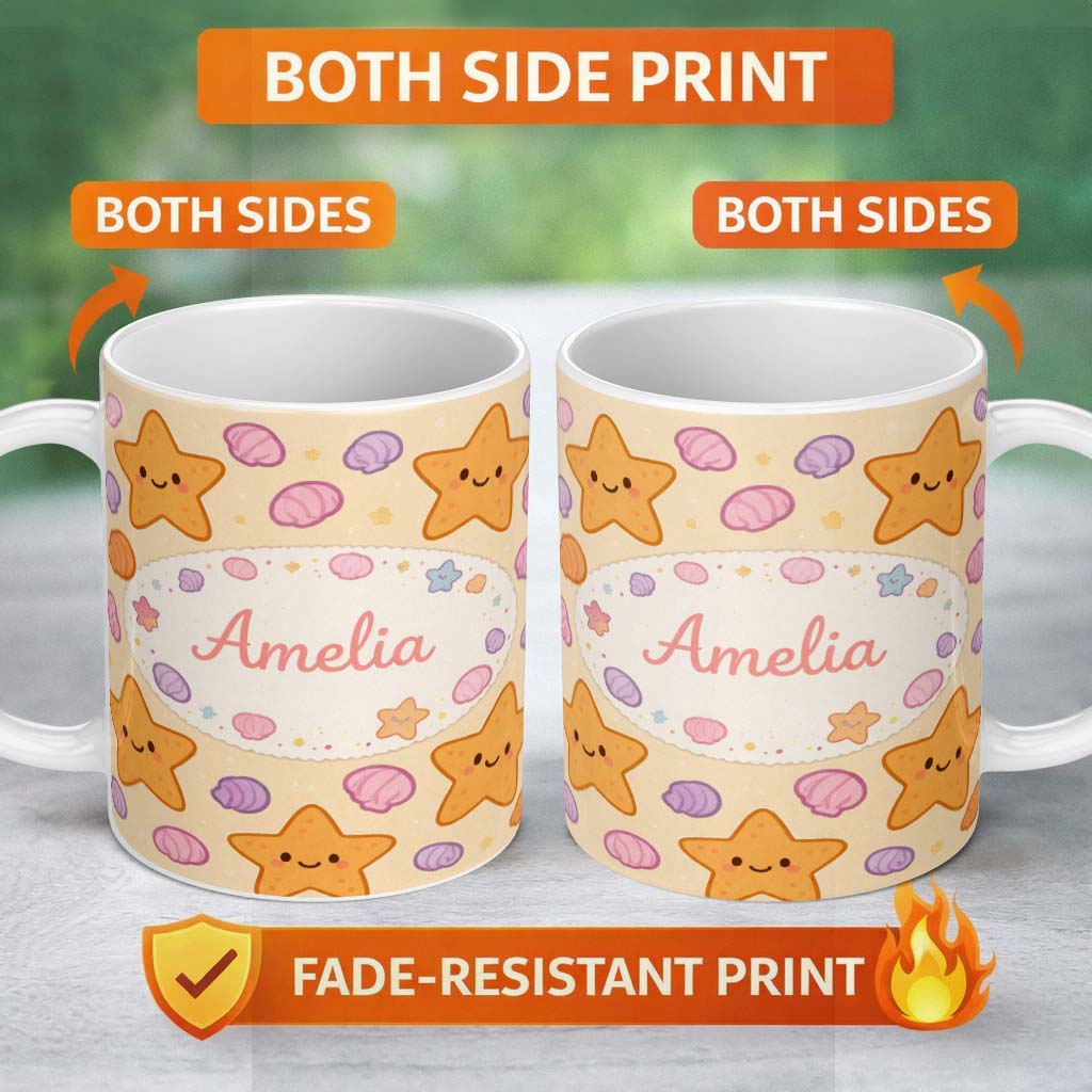 Personalized Custom Name Cute Starfish Shell Cartoon Ocean Animal Pattern Cute Unique Gift 11oz Ceramic Coffee Tea Mug White Large Handle