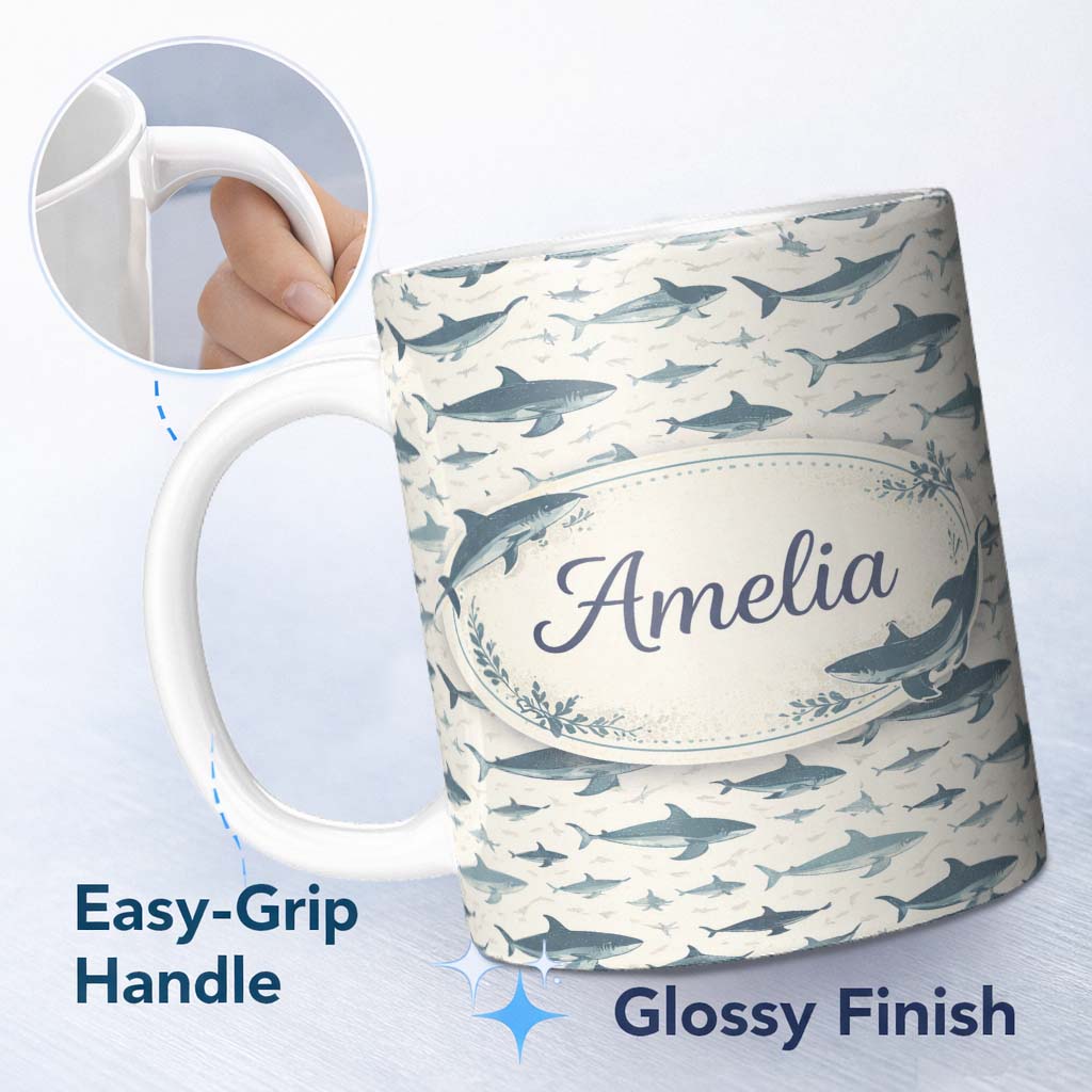 Personalized Custom Name Blue Ocean Whale Seamless Pattern Minimal Marine Animal Design 11oz Ceramic Coffee Tea Mug White Large Handle