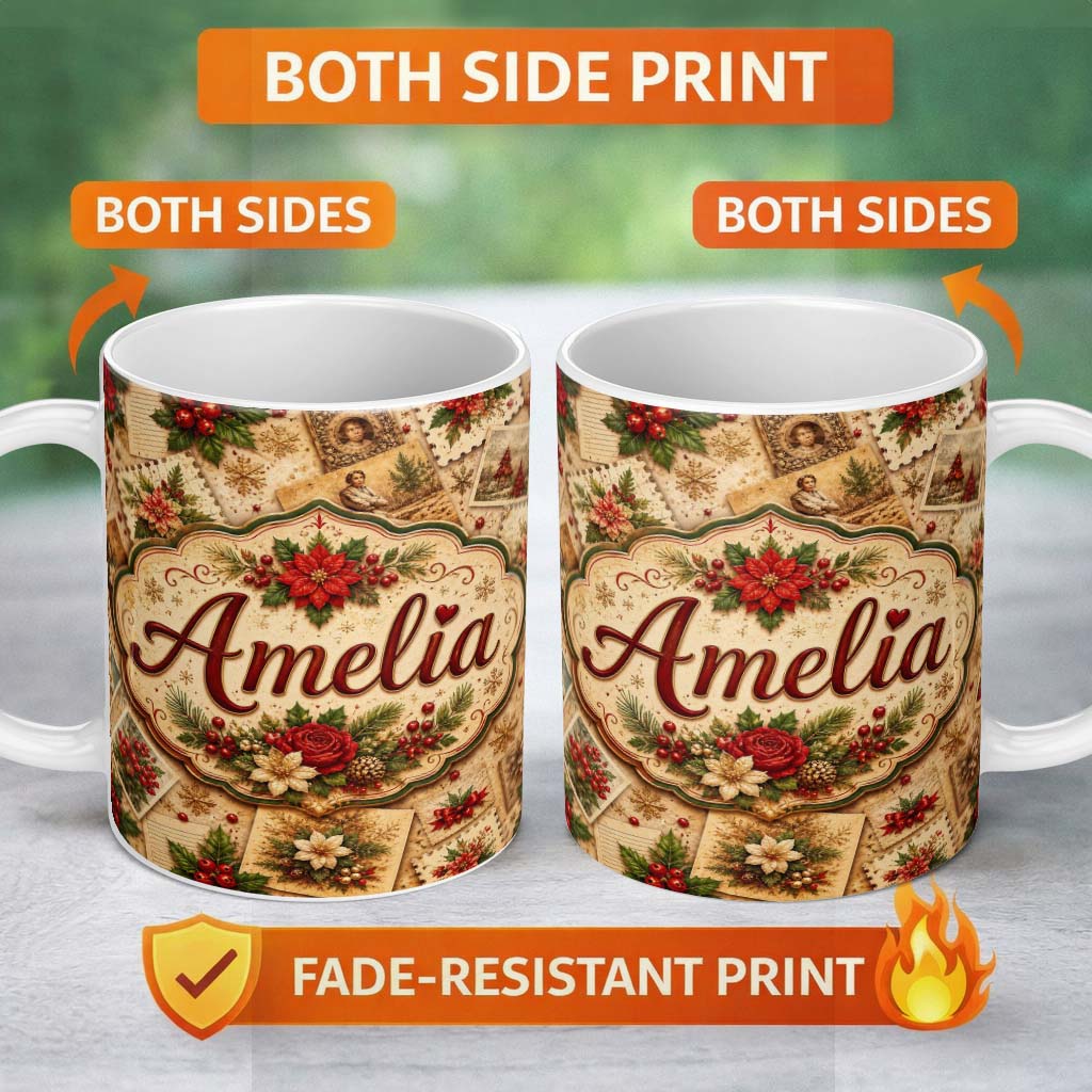 Personalized Custom Name Vintage Christmas Cards Floral Arrangements and Rustic Holiday 11oz Ceramic Coffee Tea Mug White Large Handle