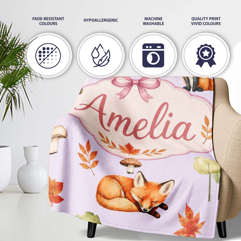 Watercolor Woodland Fox Mushroom Autumn on Soft Lavender Background Personalised Custom Name Super Soft Fleece Blanket Bed Sofa Throw