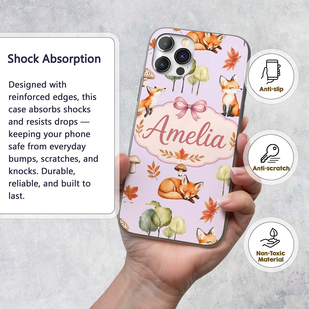 Watercolor Woodland Fox Mushroom Autumn on Soft Custom Name Protective Phone Case Mobile Cover Durable Everyday Smartphone Shock Resistant