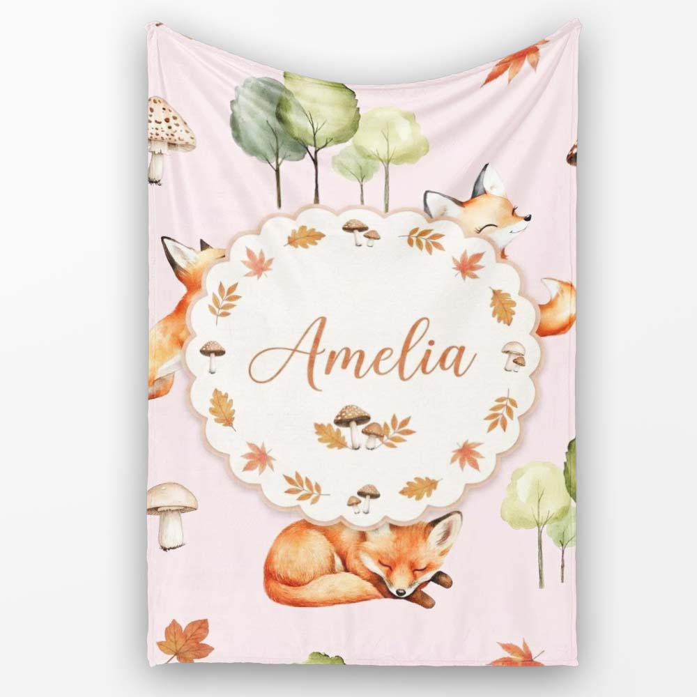 Watercolor Woodland Fox Mushroom Autumn on Dusty Pink Background Personalised Custom Name Super Soft Fleece Blanket Bed Sofa Throw