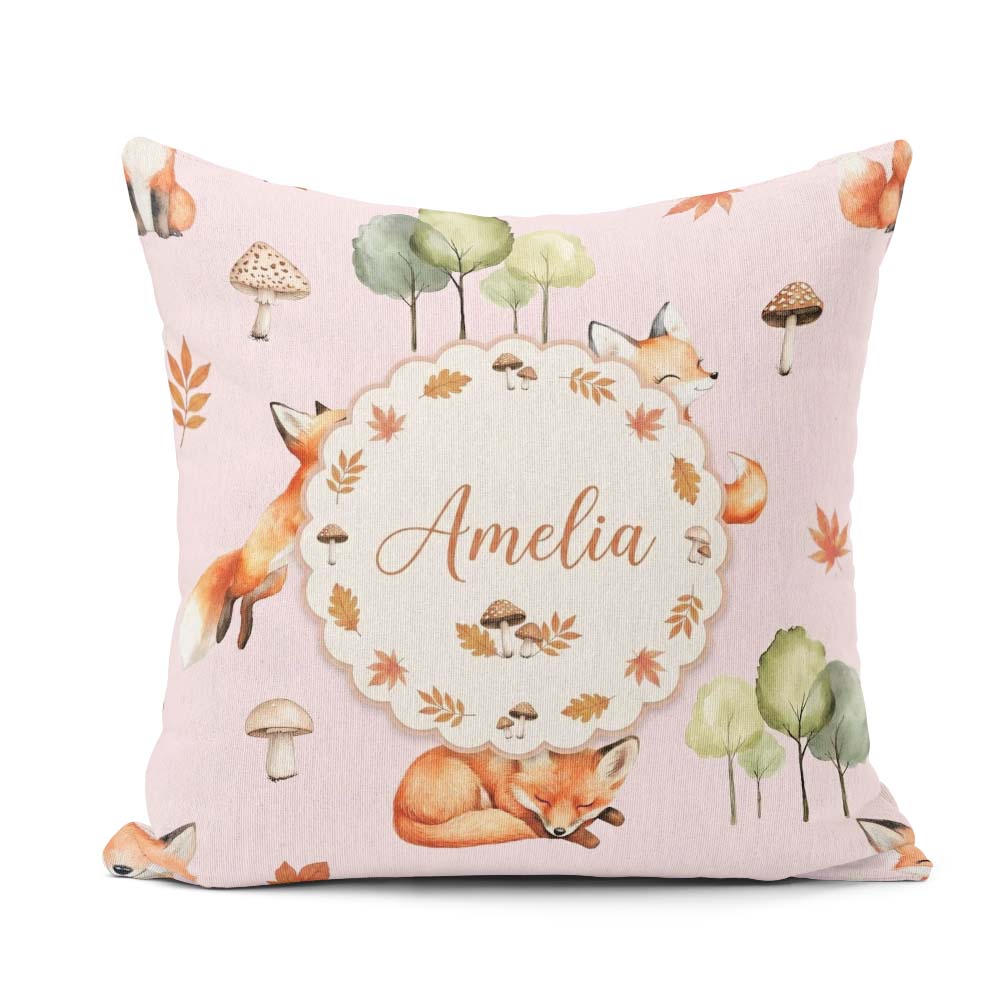 Custom Name Watercolor Woodland Fox Mushroom on Dusty Background Square Filled Cushion Throw Pillow Sofa Bed Home Decor Zip Washable UK Made