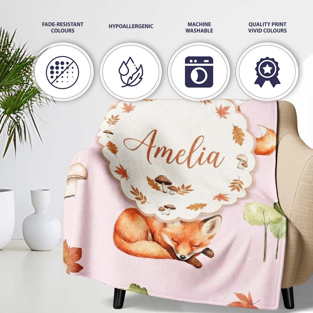 Watercolor Woodland Fox Mushroom Autumn on Dusty Pink Background Personalised Custom Name Super Soft Fleece Blanket Bed Sofa Throw