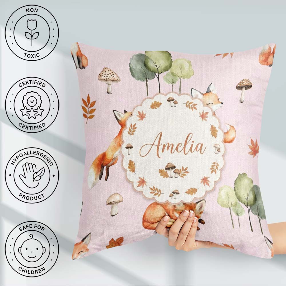 Custom Name Watercolor Woodland Fox Mushroom on Dusty Background Square Filled Cushion Throw Pillow Sofa Bed Home Decor Zip Washable UK Made