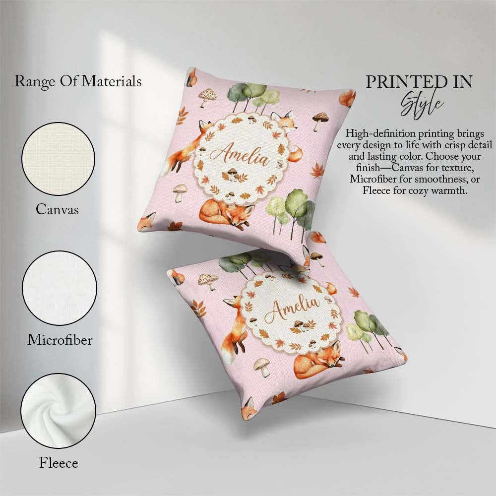 Custom Name Watercolor Woodland Fox Mushroom on Dusty Background Square Filled Cushion Throw Pillow Sofa Bed Home Decor Zip Washable UK Made