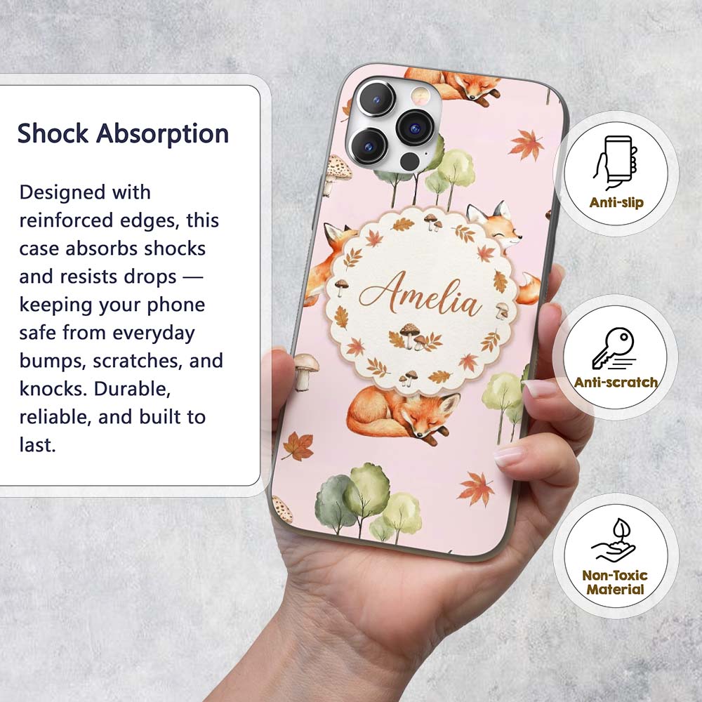 Watercolor Woodland Fox Mushroom Autumn on Dusty Custom Name Protective Phone Case Mobile Cover Durable Everyday Smartphone Shock Resistant