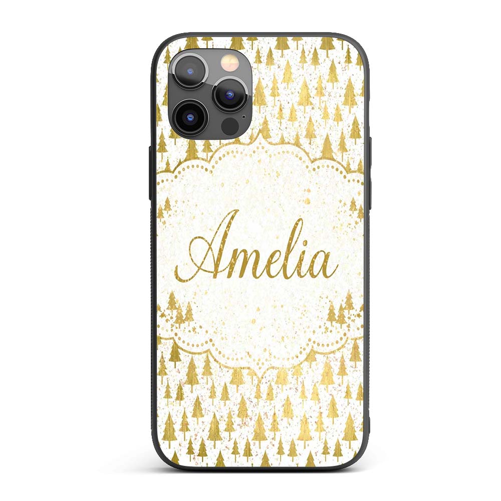 Gold Christmas Tree Pattern White Background Custom Name Protective Phone Case Mobile Cover Durable Everyday Smartphone Shock Resistant