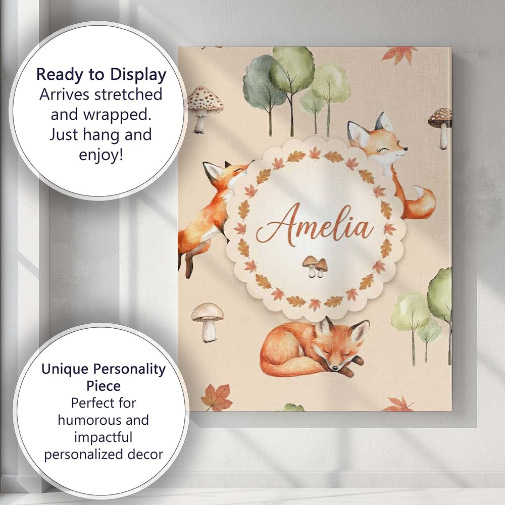 Personalised Name Watercolor Woodland Fox Custom Unique Gift Idea Elegant Feature Canvas Wall Art Print Decor Picture Ready to Hang